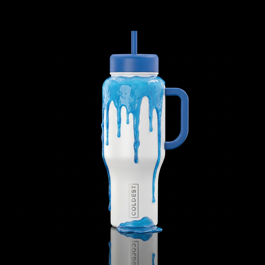 melted blue  ice dripping down a white bottle wate... water bottle design