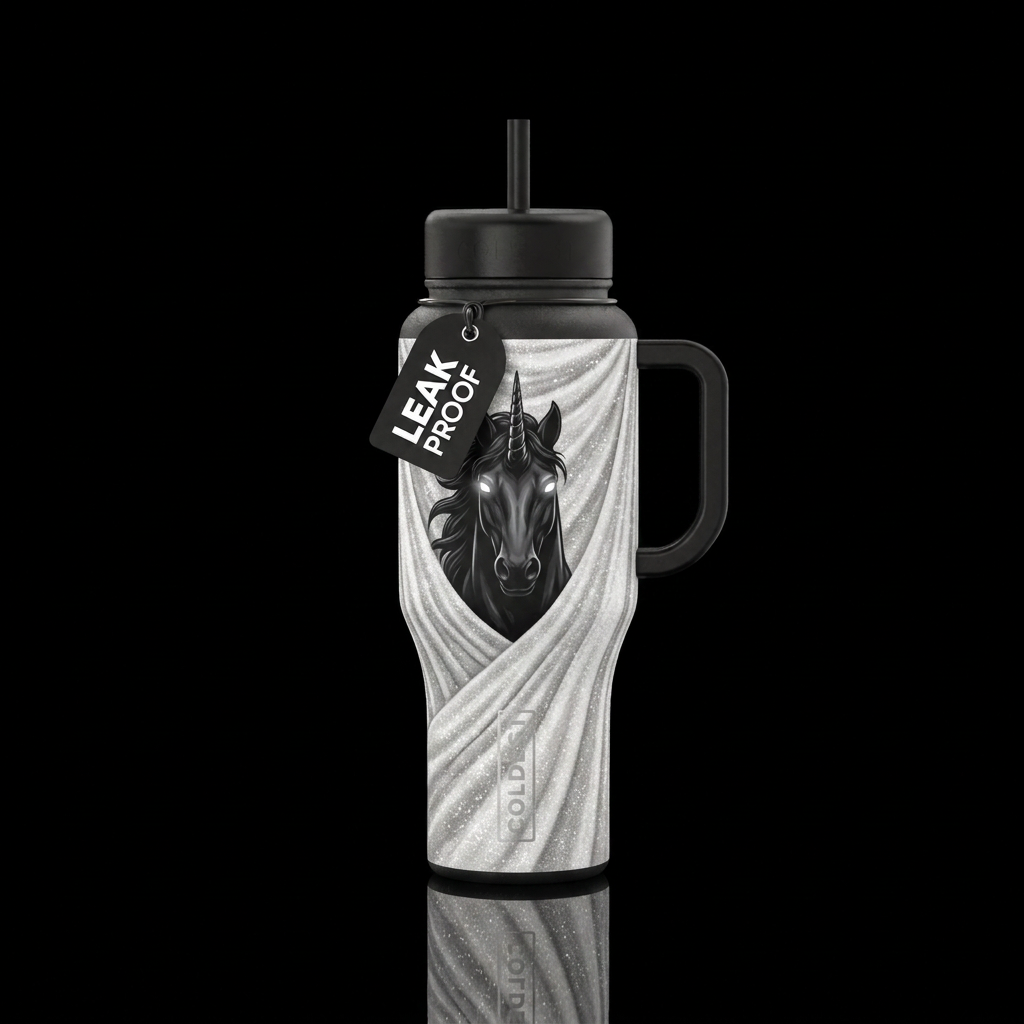 black unicorn glowy eyes  wgite glitter toga water bottle design