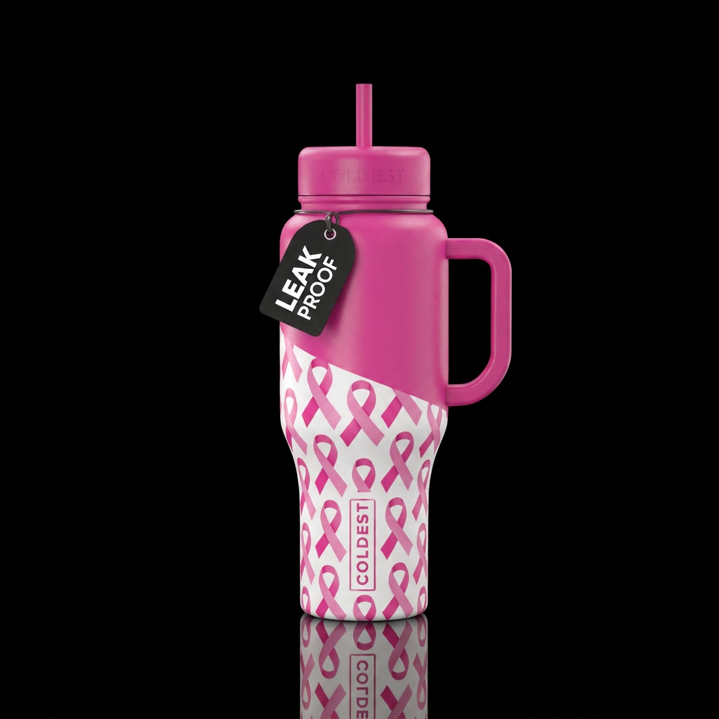 pink ribbon on white merging into pink bottle , li... water bottle design