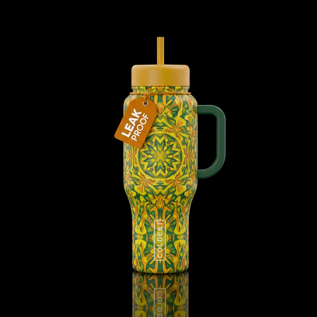 Kaleidoscope of yellow, green and orange water bottle design