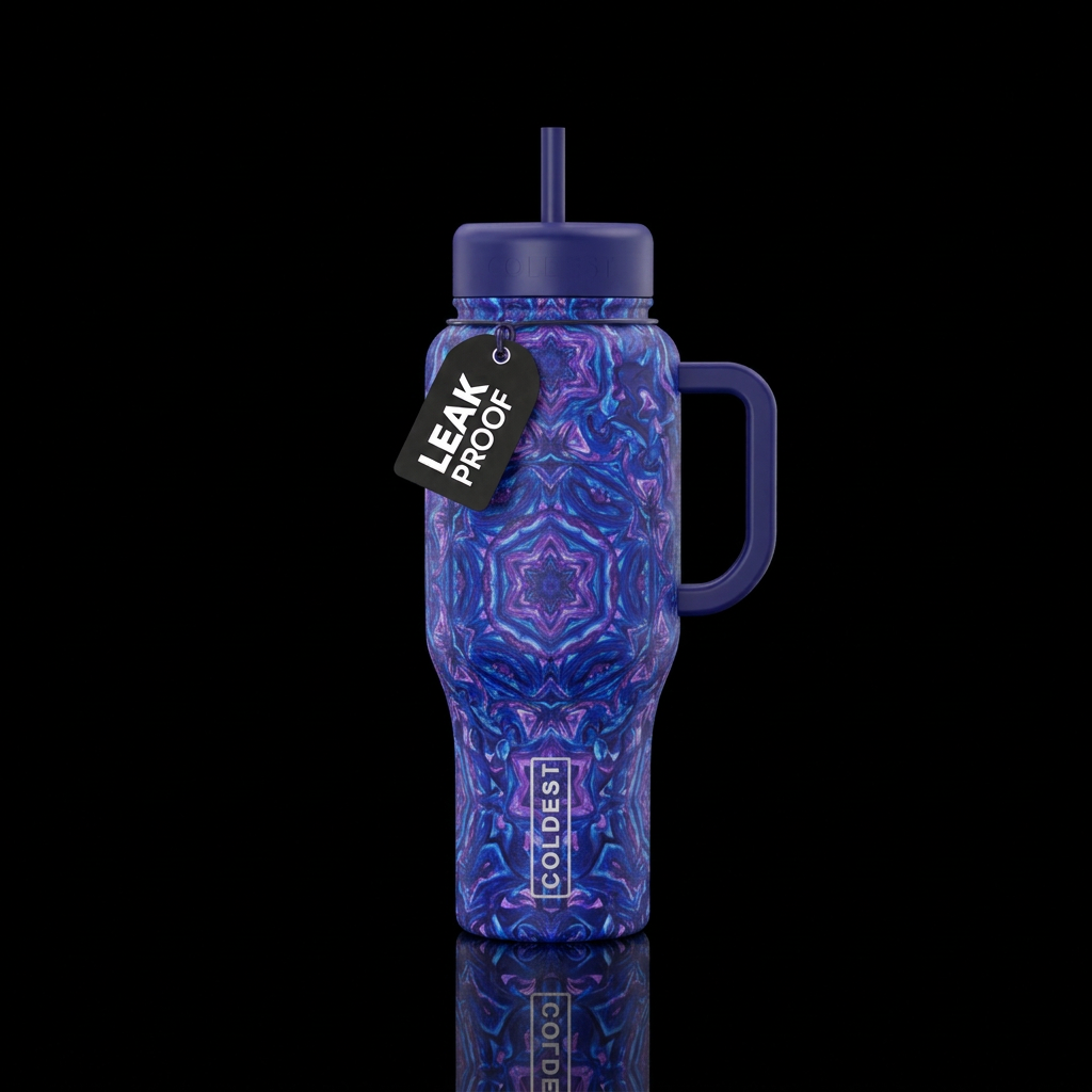 Kaleidoscope of blue, purple, water bottle design
