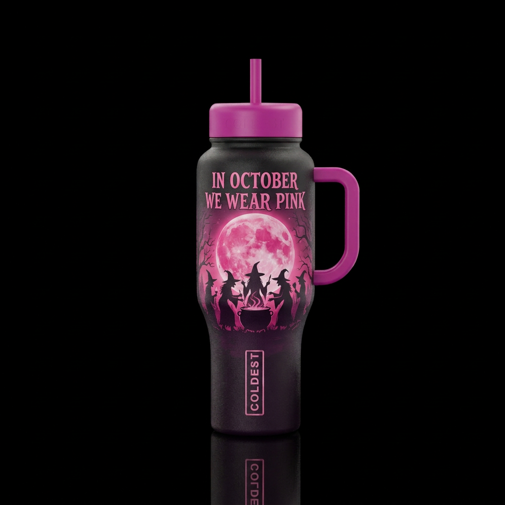 in october we wear pink, pink full moon, silauette... water bottle design