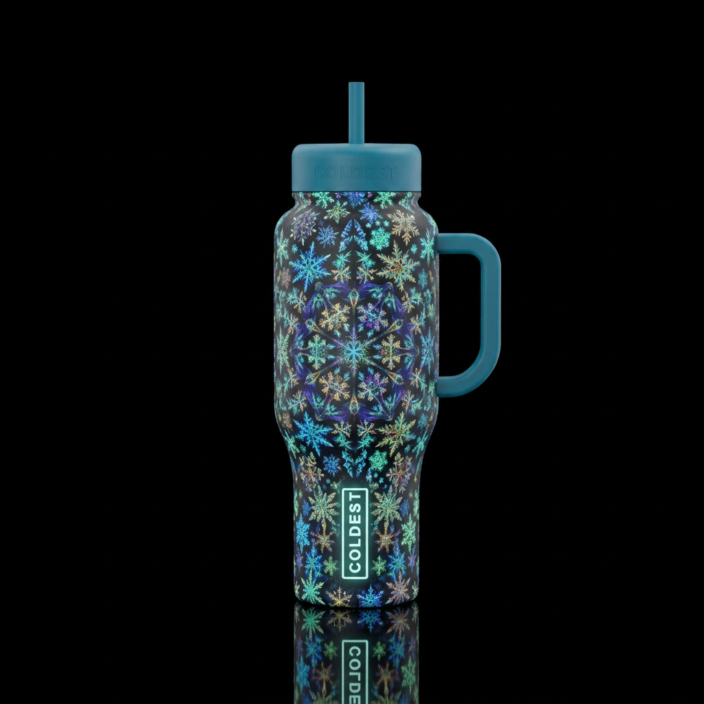 glow in the dark snowflakes kaleidoscope water bottle design