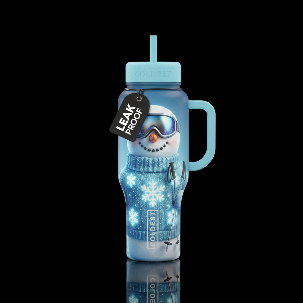 snowman, glitter ice blue sweater with glowy snowf... water bottle design