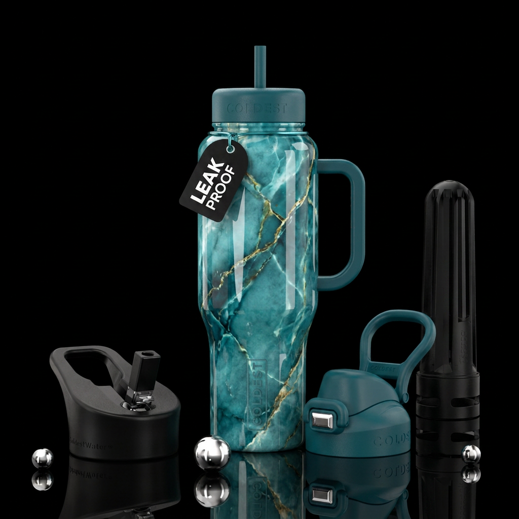 teal, marble, glossy water bottle design