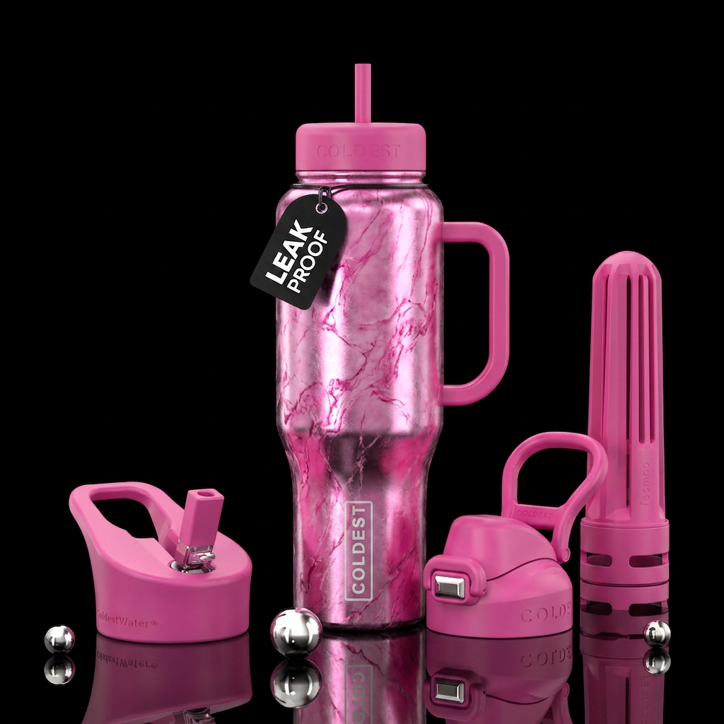 Pink, metallic marble water bottle design