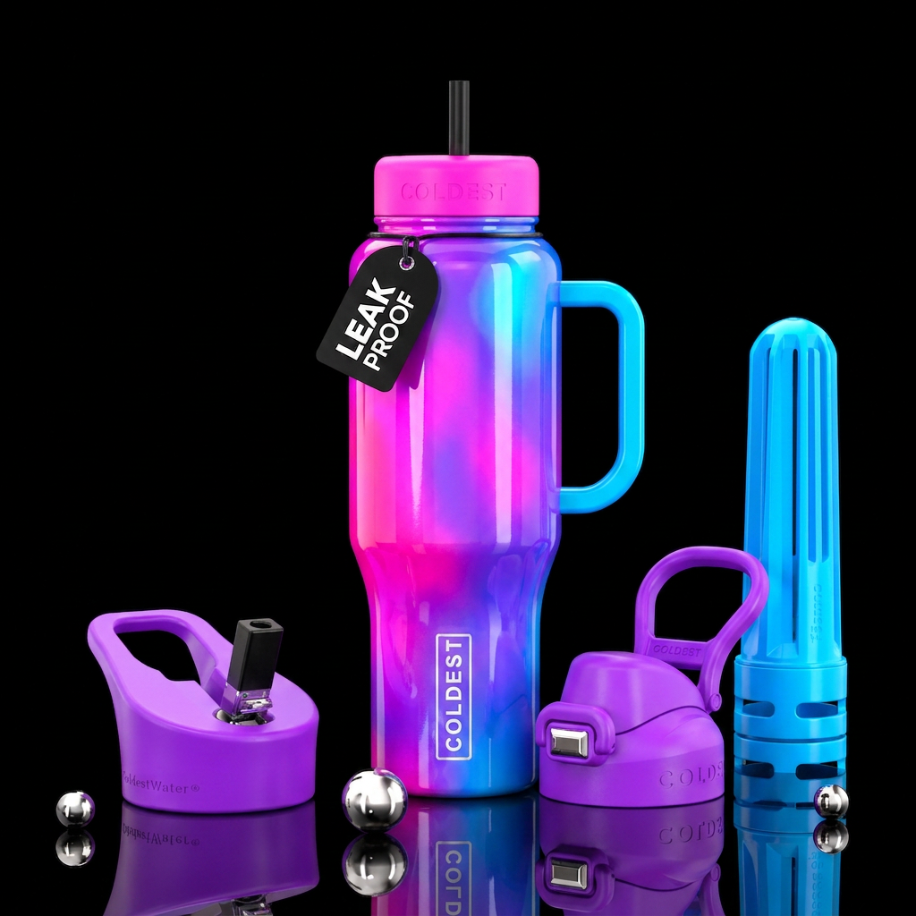 Glossy neon pink, purple, blue water bottle design