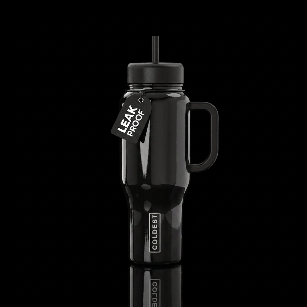 Black bottle with a clear coat over it water bottle design