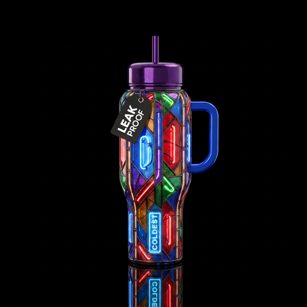 stained glass, neon water bottle design