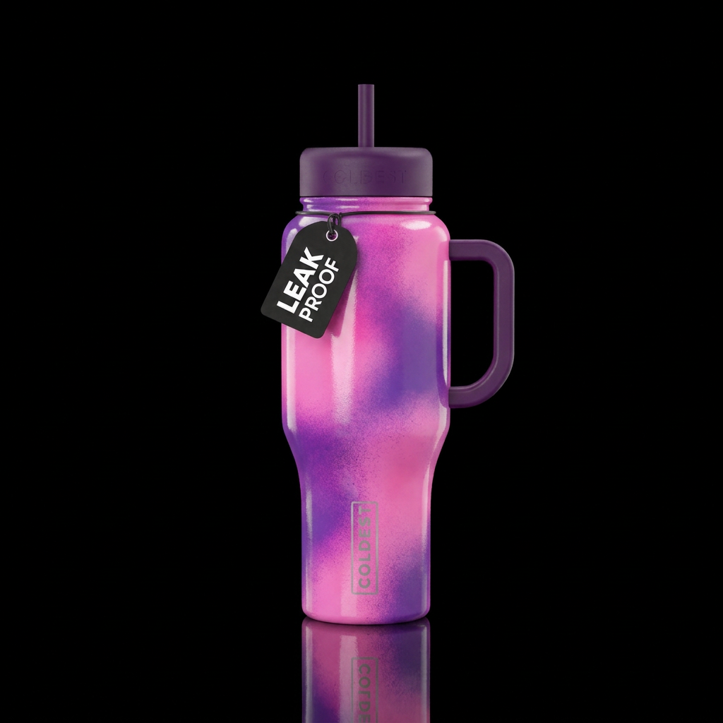 shiny, vibrant, glowie, spray painted pink and pur... water bottle design