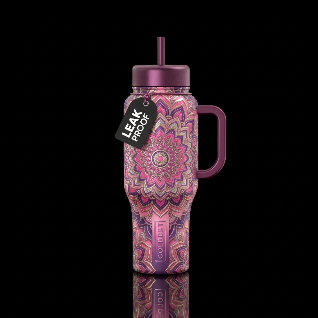 Elegant mandala with metallic accents, pinks, and ... water bottle design