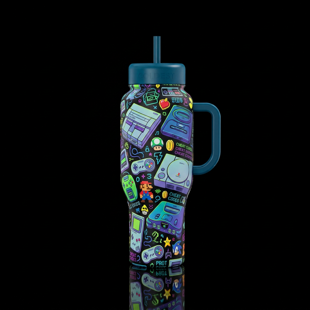 90s video game systems with doodles in between tha... water bottle design