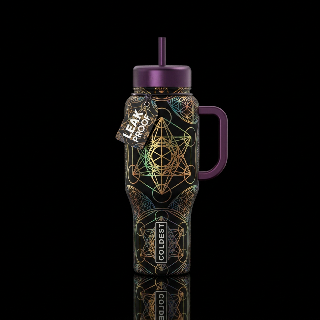 sacred geometry with black background and metallic... water bottle design