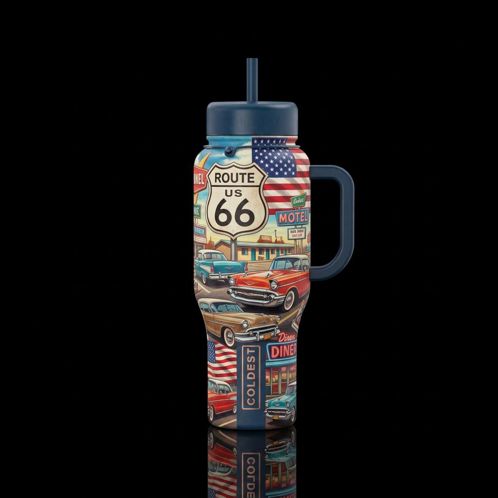 Route 66 with classic Americana and vintage cars water bottle design