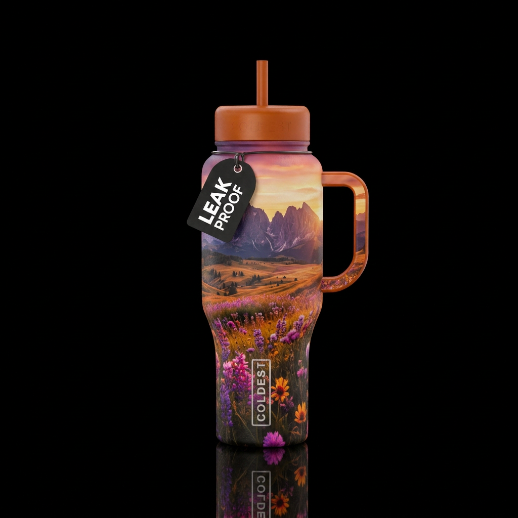 Wildflowers and mountain meadows at sunset water bottle design