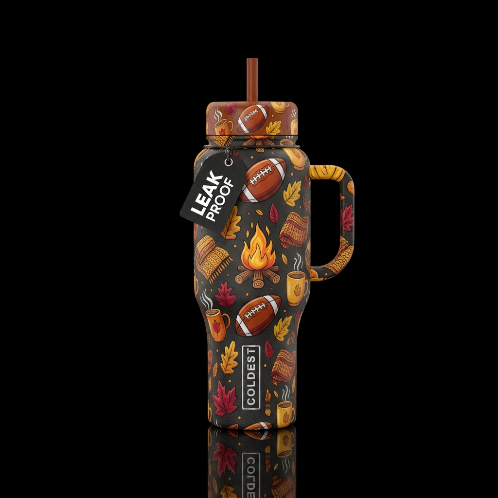 Fall themed with footballs, bonfires, and other co... water bottle design