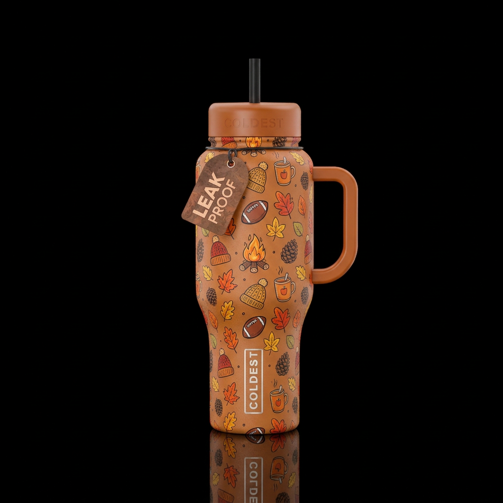 Fall themed with footballs, bonfires, and other co... water bottle design