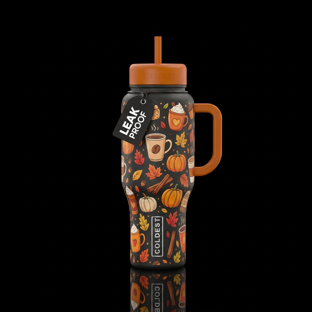Coffee, pumpkins, leaves, and other cozy doodles water bottle design