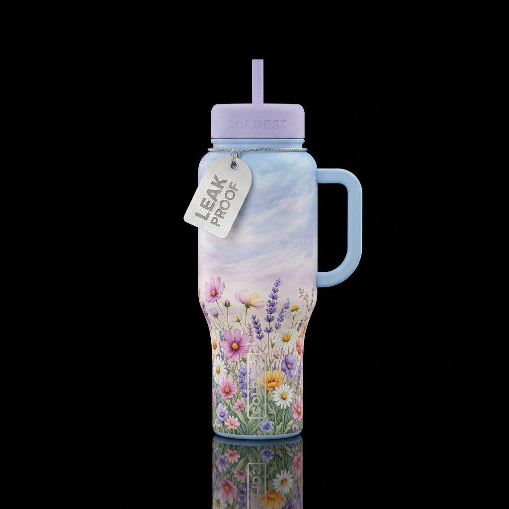 Wildflower bouquets running around bottom of cup w... water bottle design