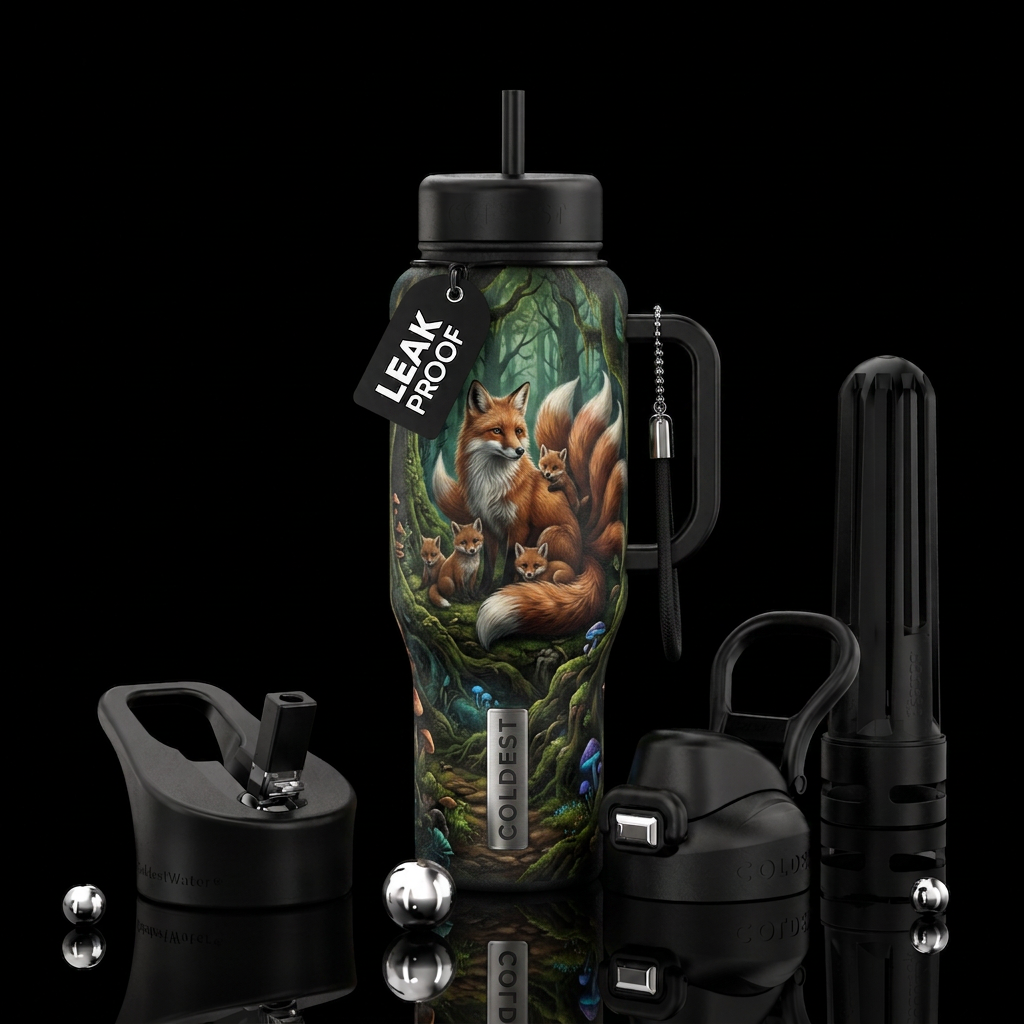 A beautiful nine tailed fox in the woods with her ... water bottle design