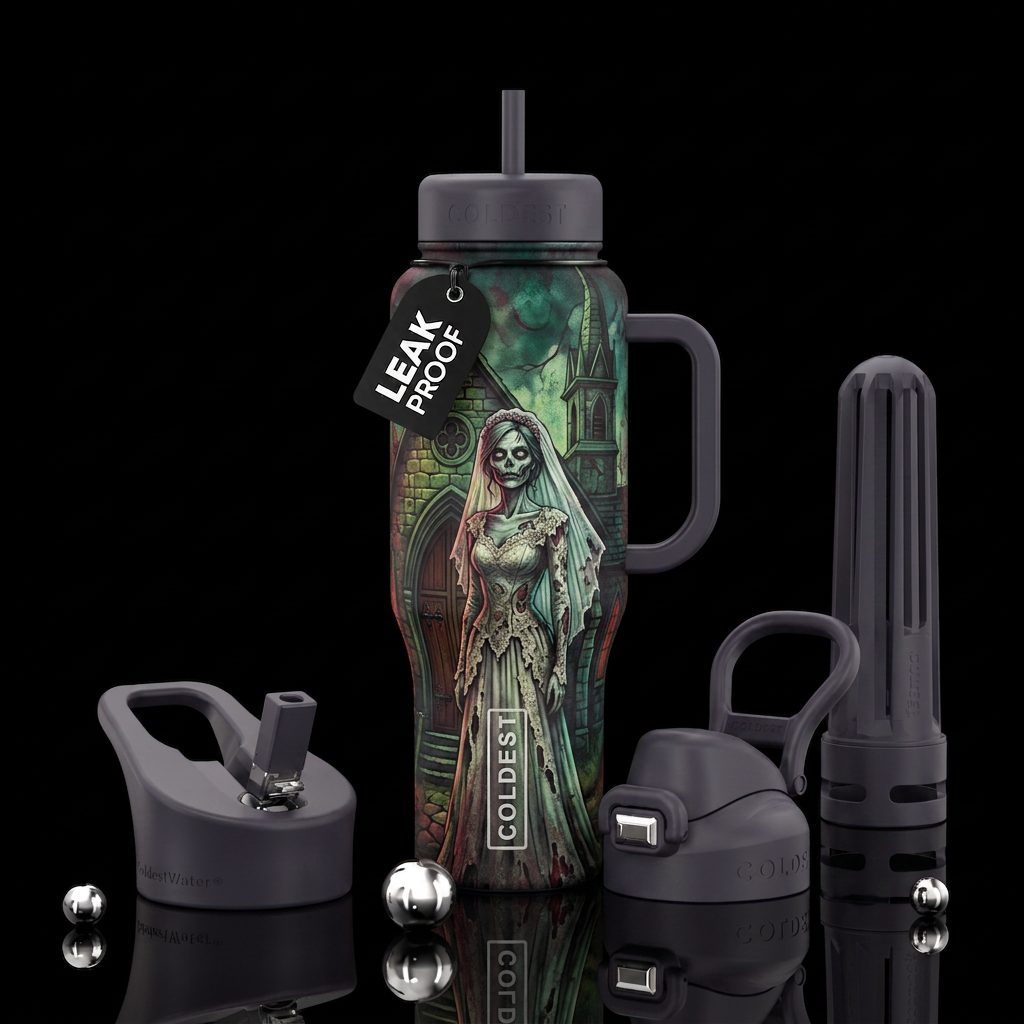 Zombie bride in front of the church water bottle design