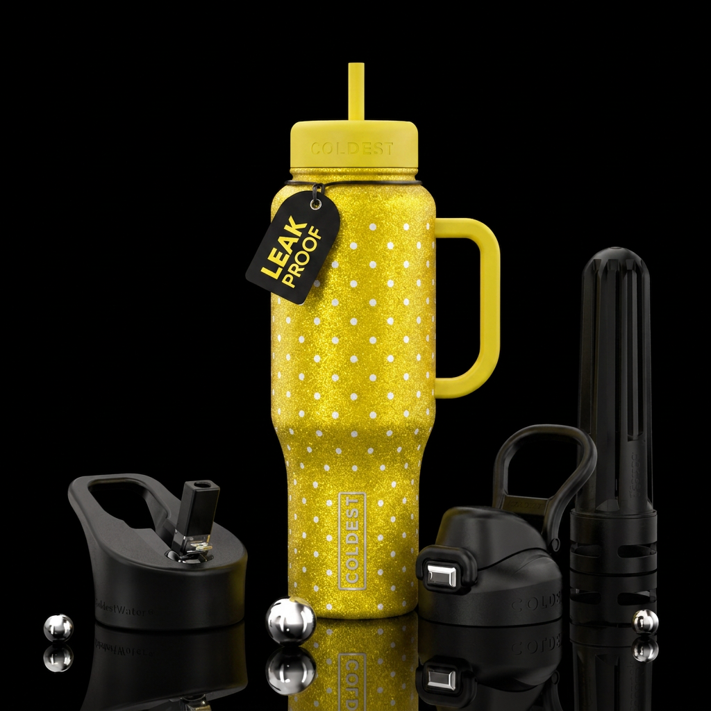 Glittery yellow bottle with white little polkadots water bottle design