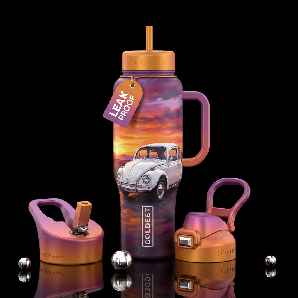White vw bug with a pretty sunset water bottle design
