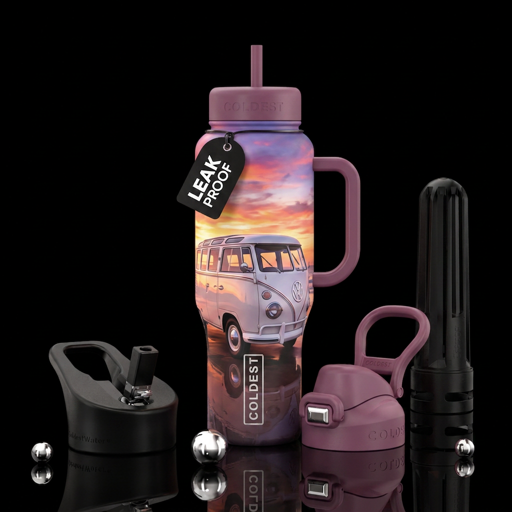 White vw bus with a pretty sunset water bottle design