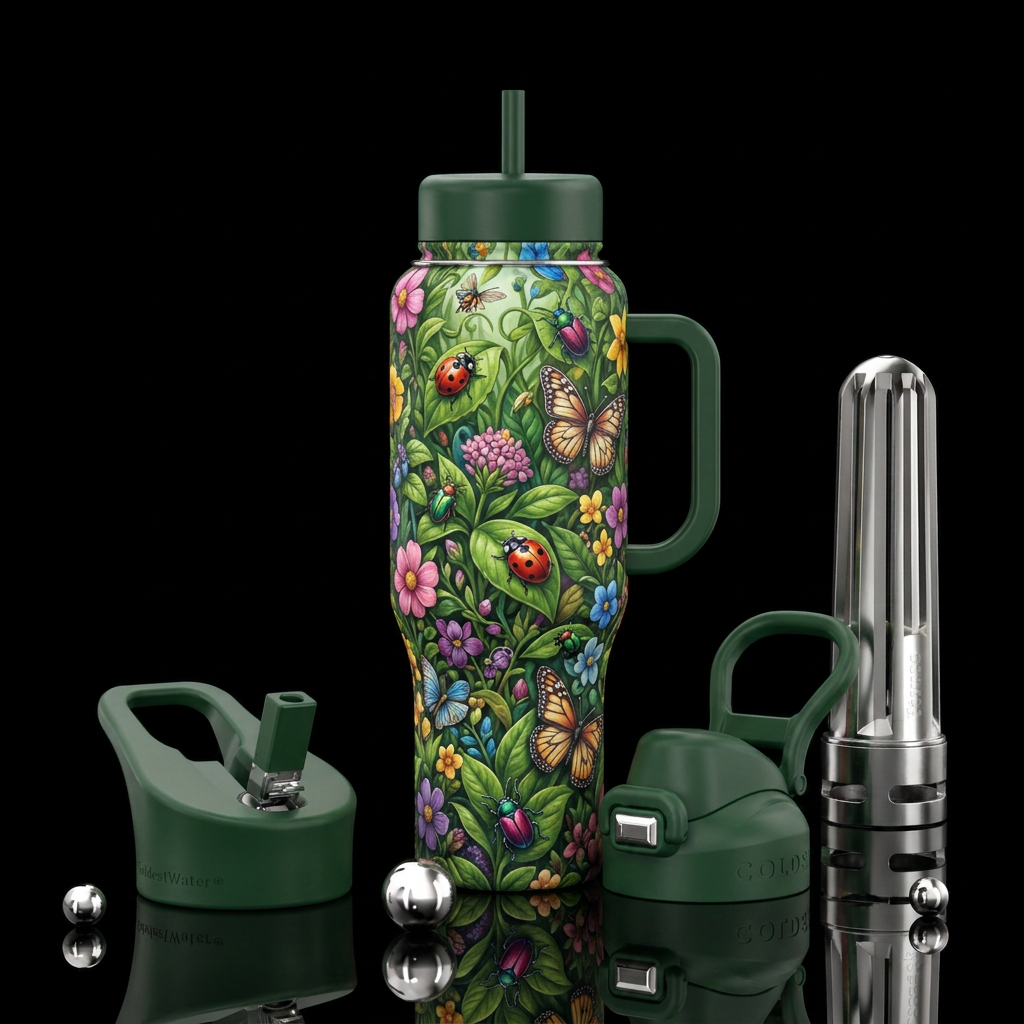 A pretty garden with pretty bugs on the leaves water bottle design