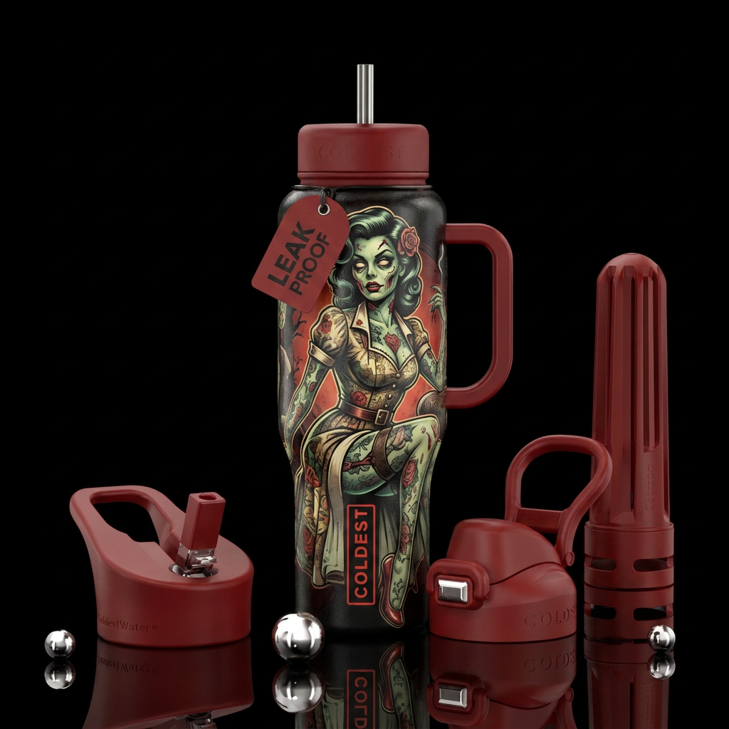 Zombie pin up girl with tattoos water bottle design