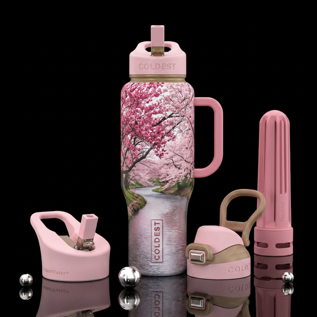 Beautiful cherry blossom trees with a river water bottle design
