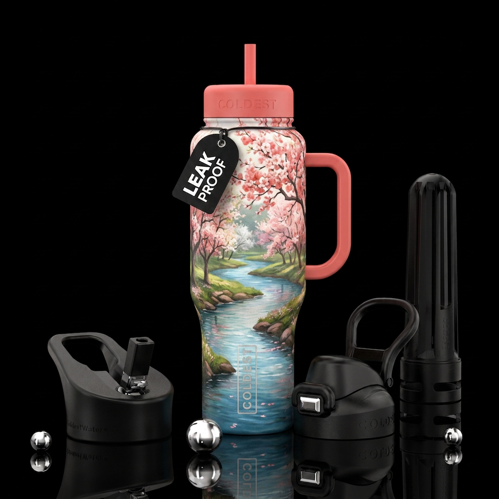 Beautiful peach trees with a river water bottle design