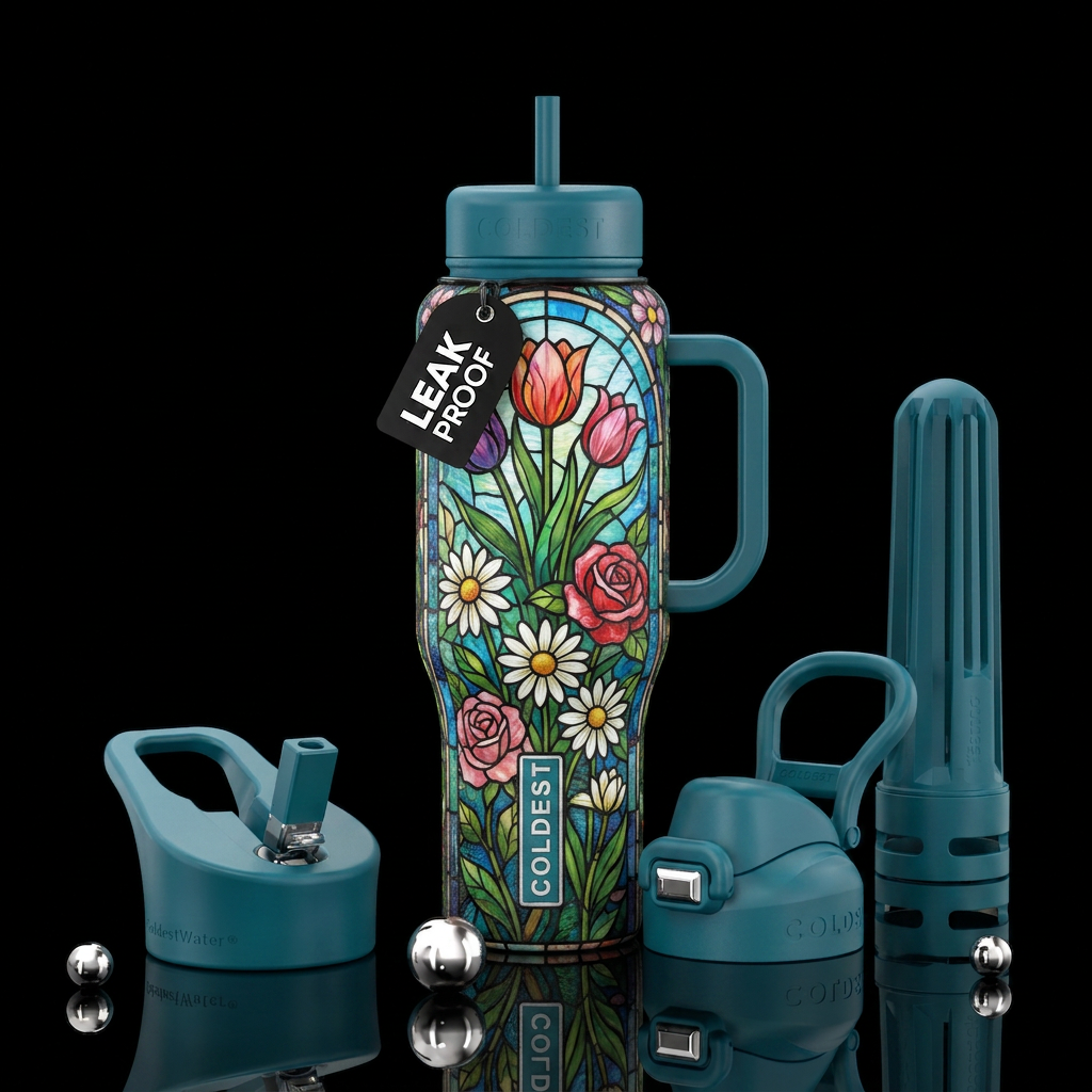 stained glass flowers in the garden water bottle design