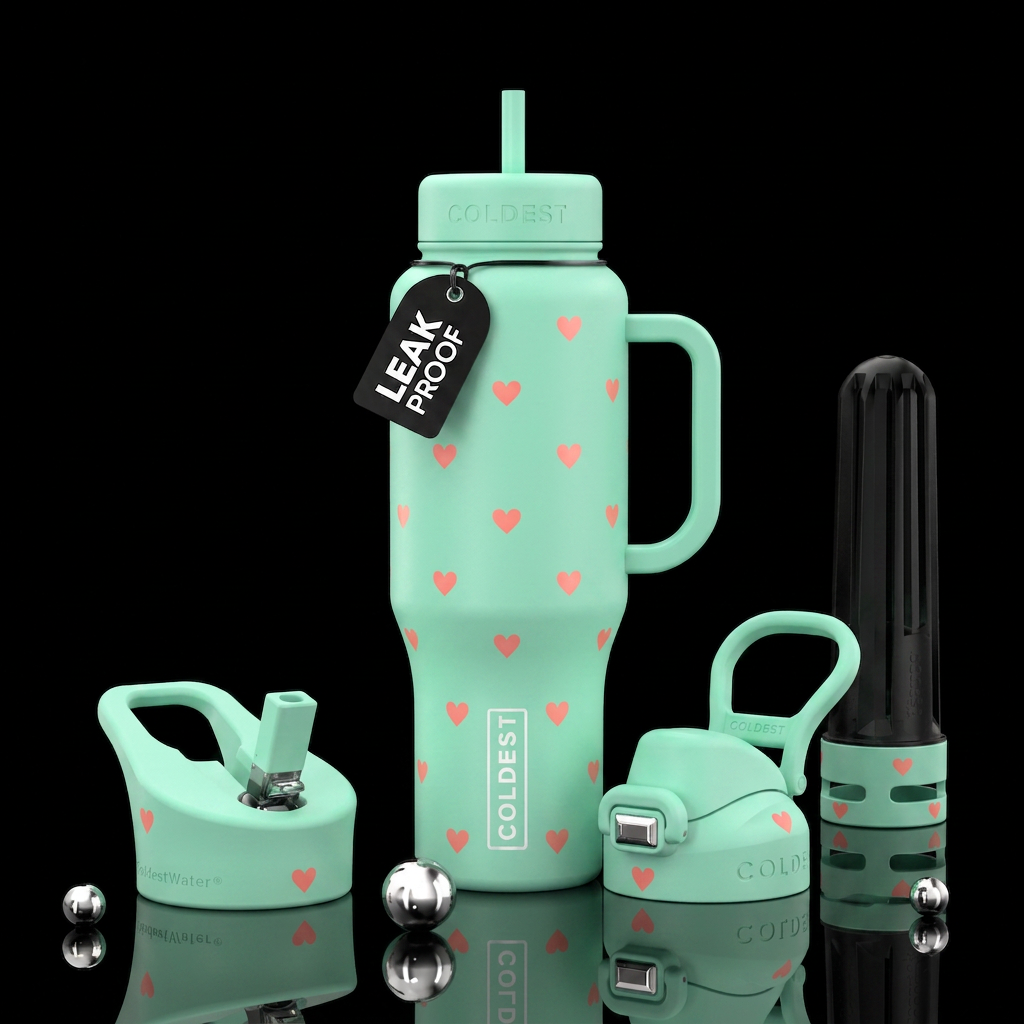 Mint green with coral hearts water bottle design