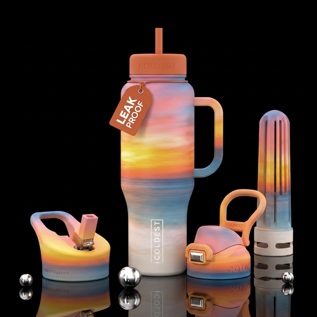 A dreamy sunset on a white sandy beach water bottle design