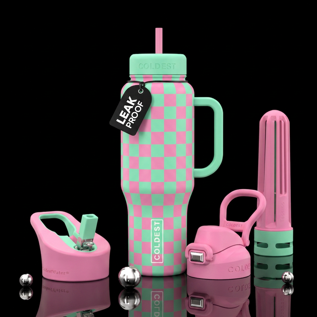 Mint green and pink checkers water bottle design