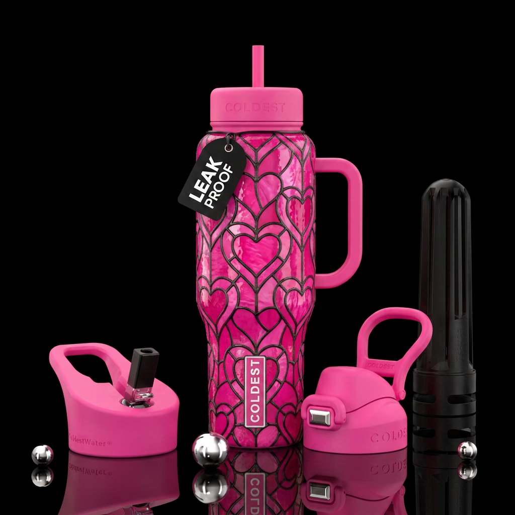 Hot pink, stained glass hearts water bottle design