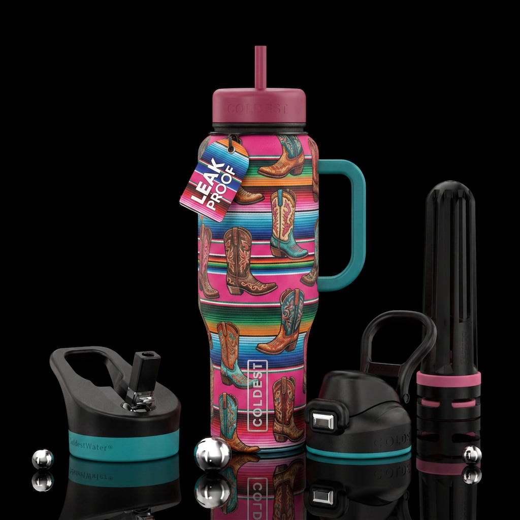 Serape with cowgirl boots all over water bottle design
