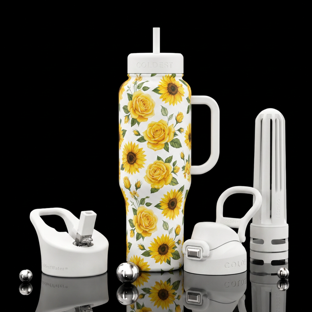 A while bottle with yellow roses and sunflowers water bottle design