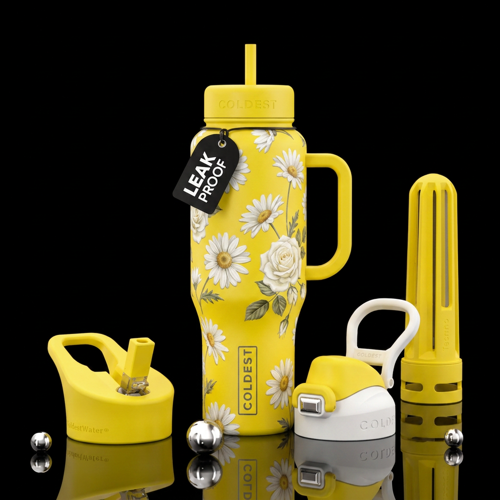 Yellow cup with white daisies and white roses water bottle design
