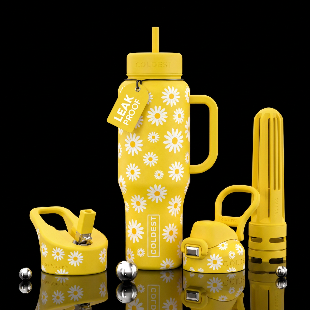 Yellow cup with white daisies water bottle design