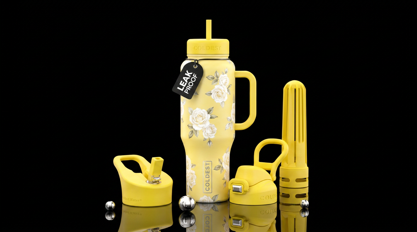 Yellow cup with white roses water bottle design