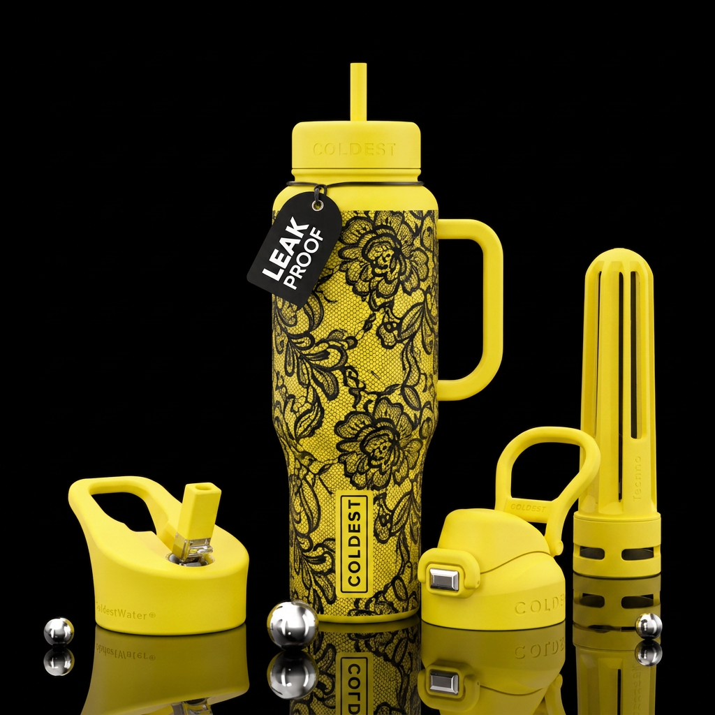 Yellow cup with black lace water bottle design
