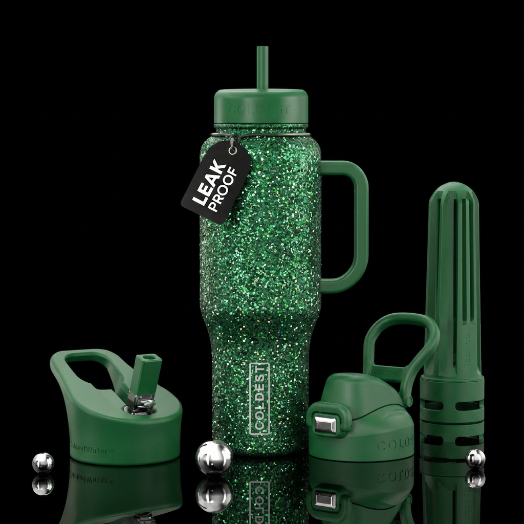 Hunter green cup with glitter all over the cup water bottle design