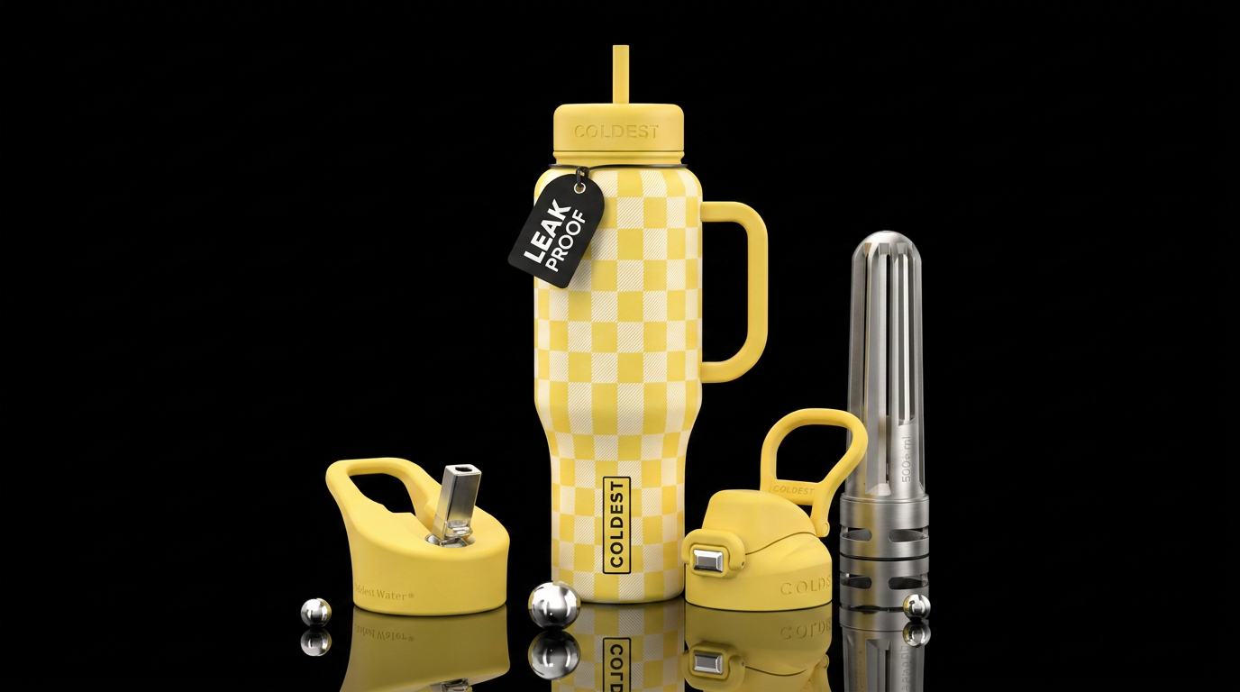 Yellow cup with white checkered print water bottle design