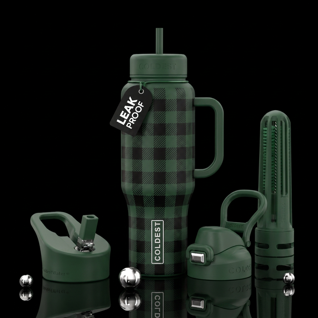 Hunter green cup with black checkered print water bottle design