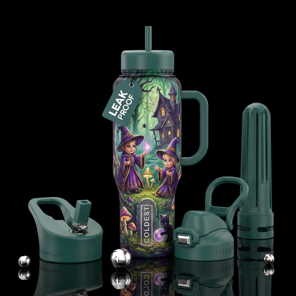 Baby witches in the forest with a hunted house wit... water bottle design