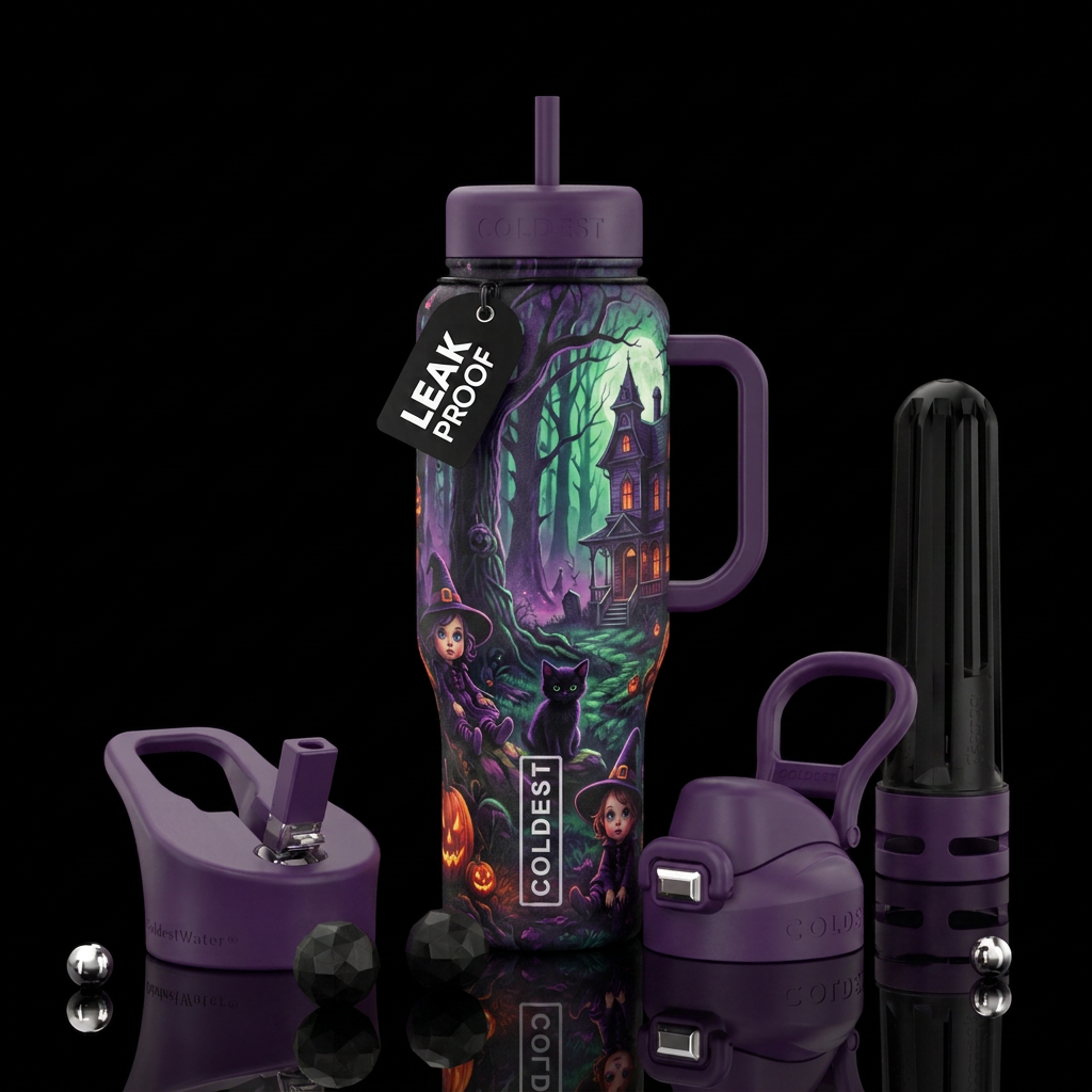 Baby witches in the forest with a hunted house wit... water bottle design