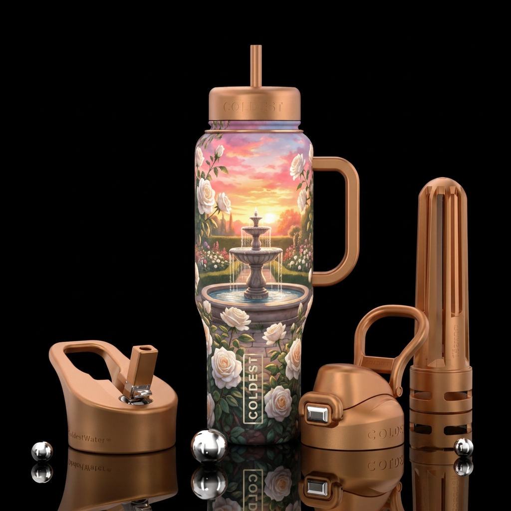 White roses in a garden with a fountain in the mid... water bottle design
