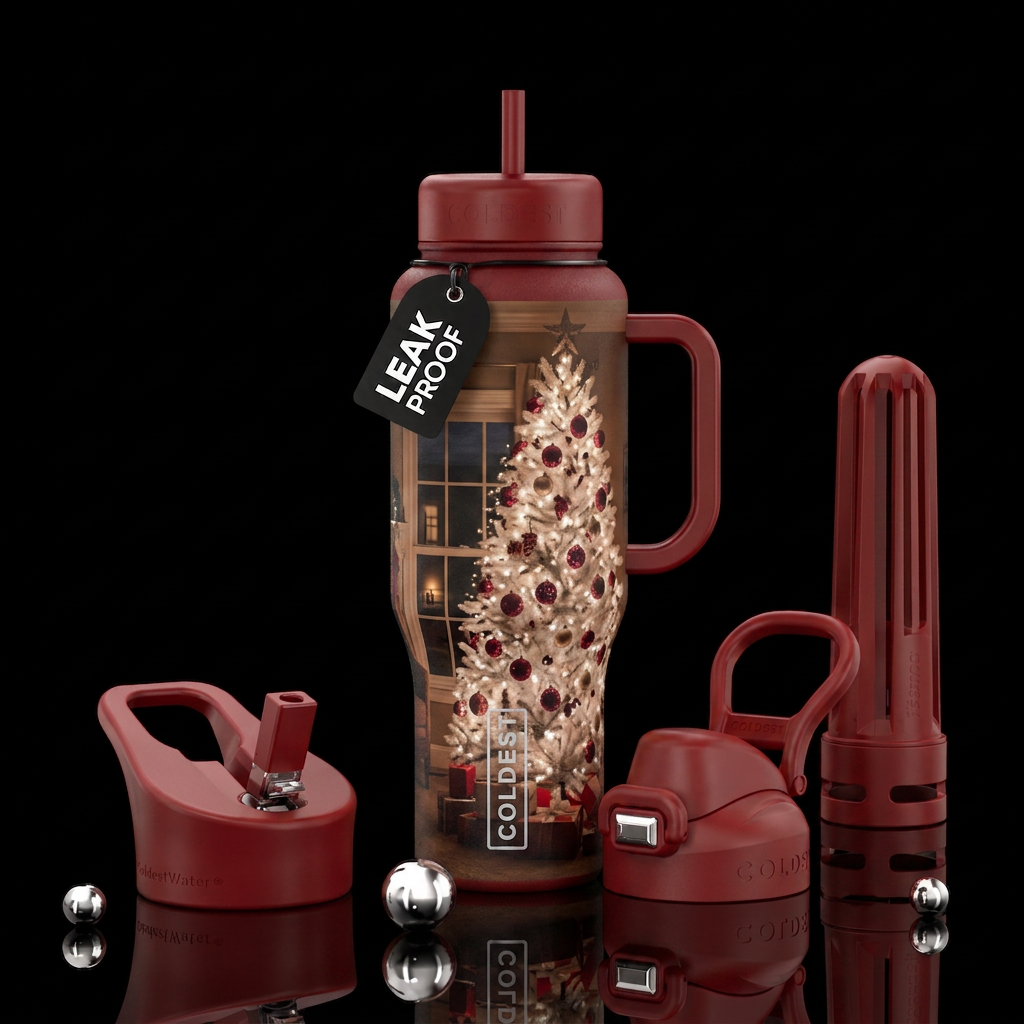 A white Christmas tree with red ornaments inside a... water bottle design
